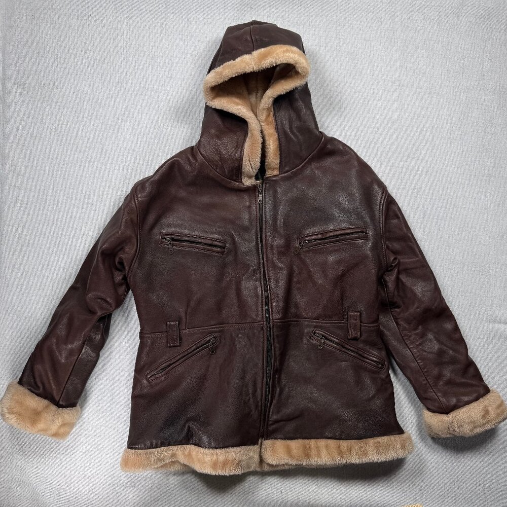Vintage Y2K Leather Shearling Hooded Bomber Jacket Brown Zip Front Size XXL